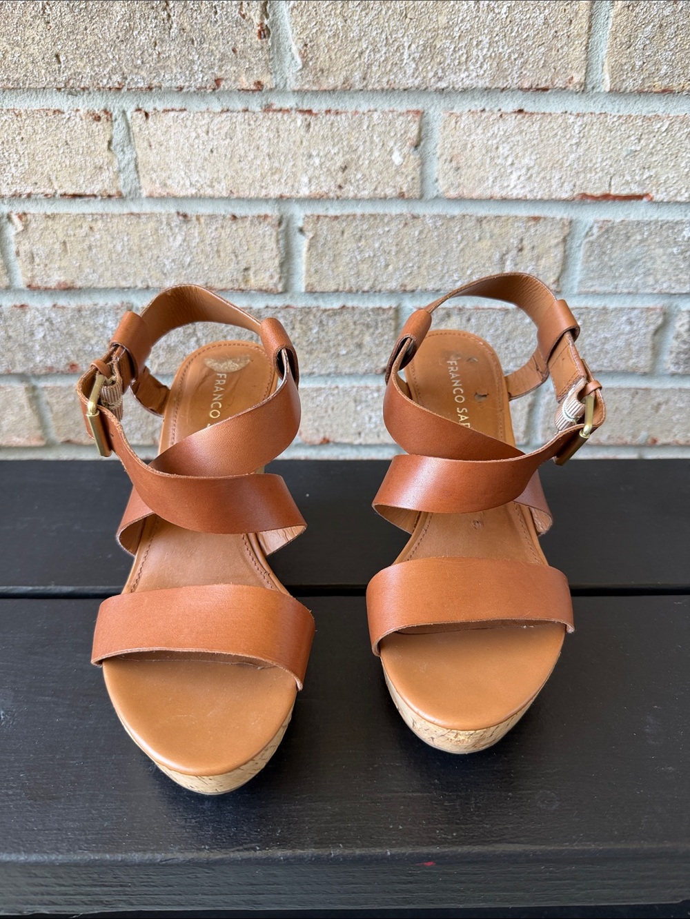 Franco Sarto Cognac Leather Wedge Sandals